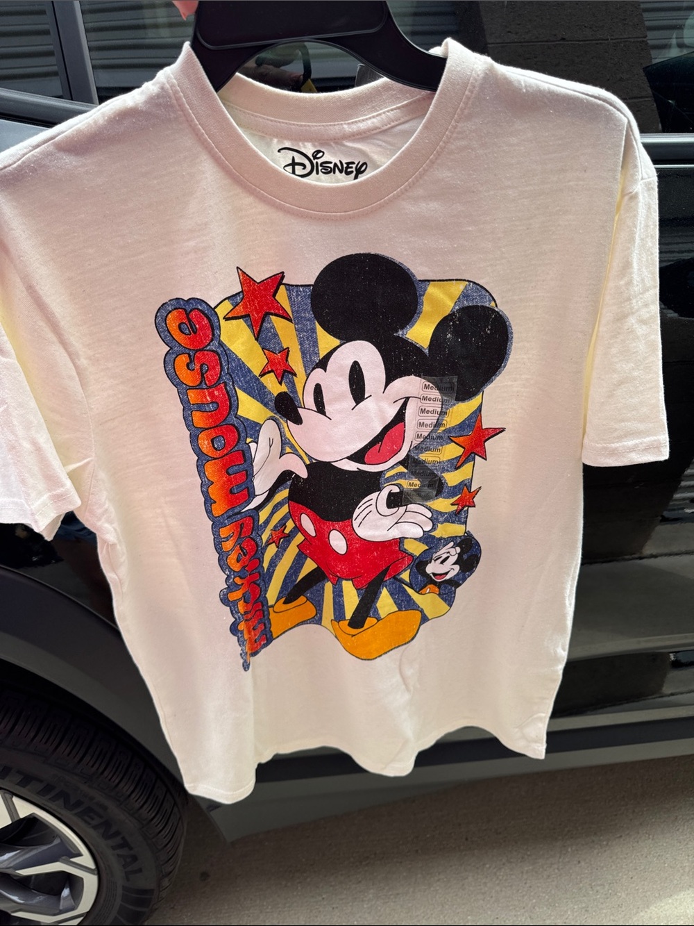Disney White Mickey Mouse Retro Graphic Tee with Red & Yellow Accents